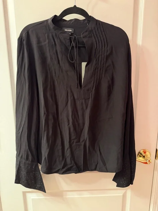 Zadig & Voltaire Black Pintuck Tie-Neck Blouse with Sparkle Cuffs - Picture 1 of 6